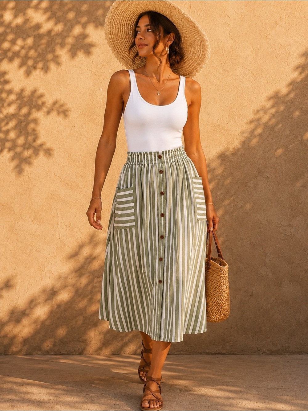 Olive Green Striped Midi Skirt • A-Line • Pockets • Casual Summer